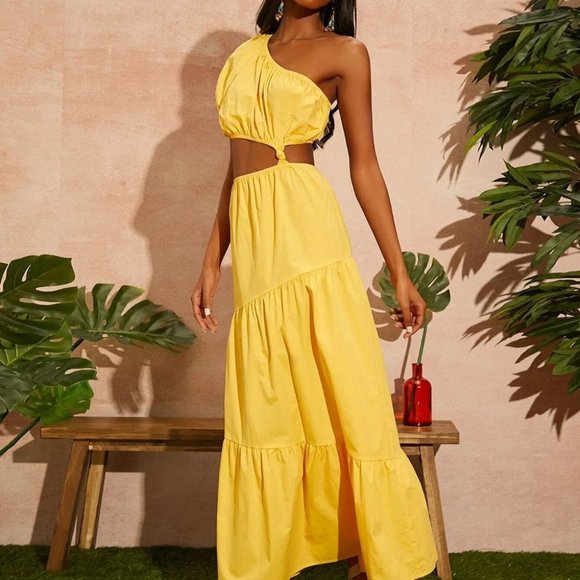 YELLOW PUFF SLEEVE ONE SHOULDER CUT OUT DETAIL MAXI DRESS SUMMER VACAY - Picture 2 of 8